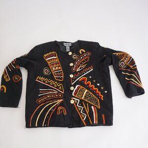Vintage Indigo Moon Embroidered Black Jacket Boho Artsy Eclectic Grandmacore L